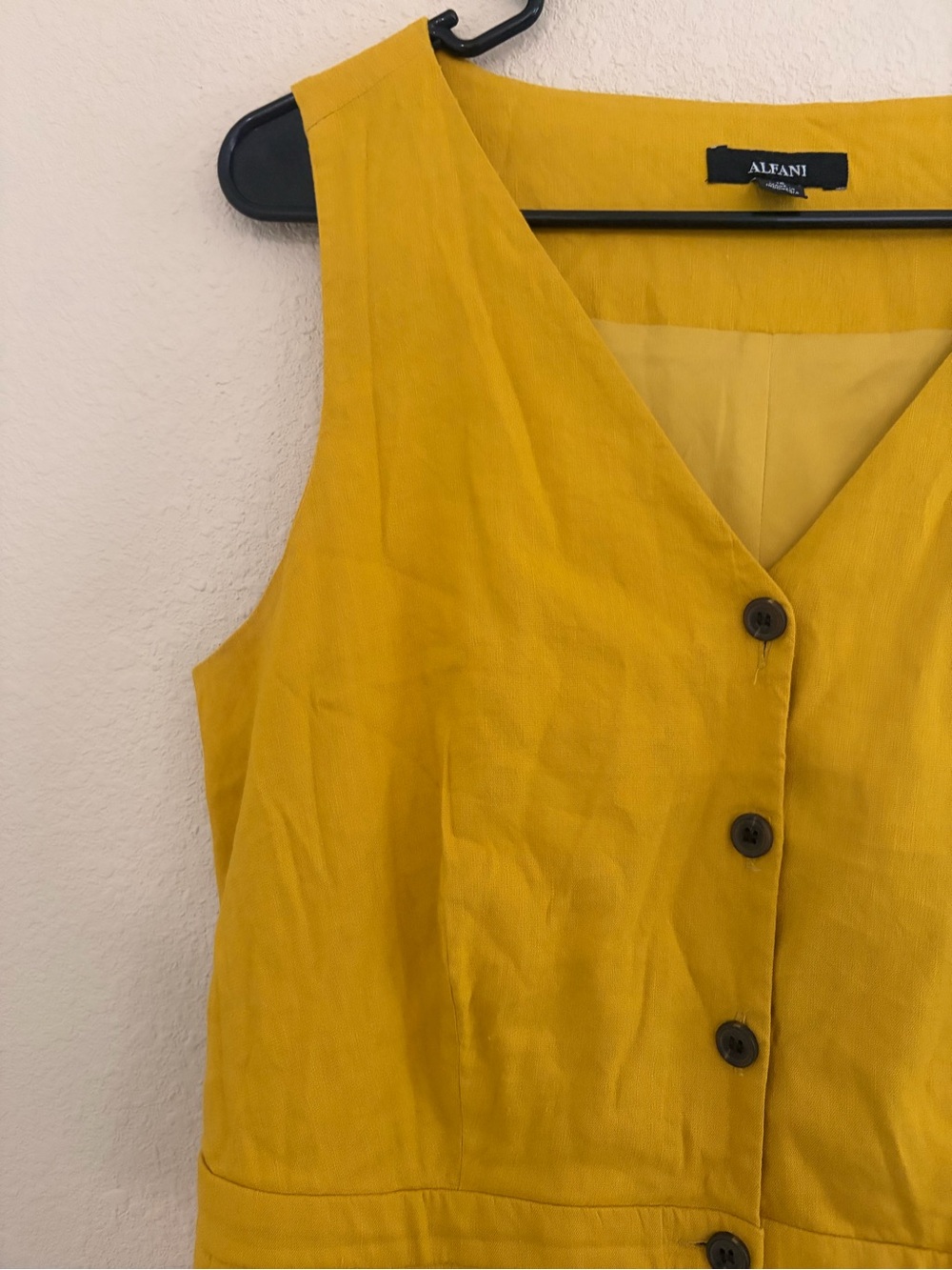 Linen Blend Mustard Yellow Button-Front Midi Dress - Picture 4 of 7